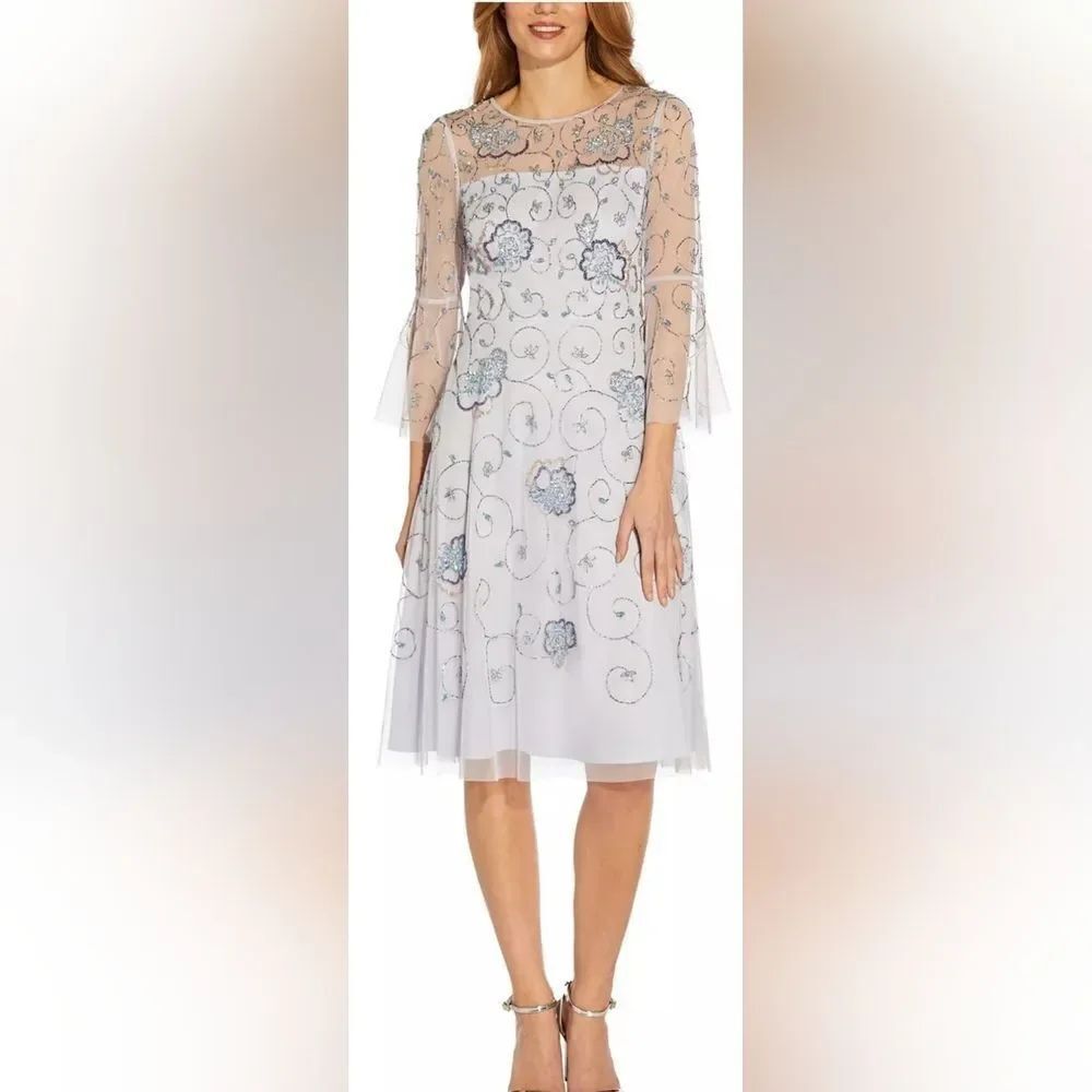 ADRIANNA PAPELL Petite Beaded Illusion Bell-Sleeve Dress NWT sz 16 dusty blue